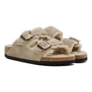 Birkenstock Beige Suede Shearling Two-Strap Sandals